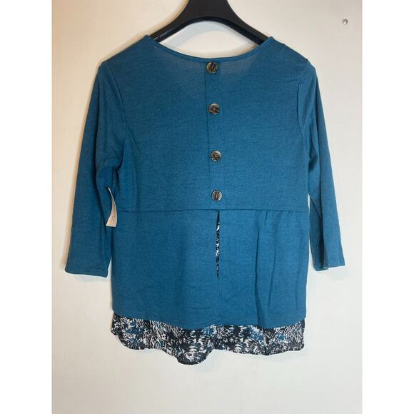 NY Collection Womens V-Neck Blouse Back Button 3/4 Sleeve Hi-Low Hem PXL Blue - Picture 2 of 8